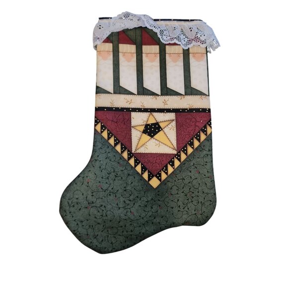 Quilted Christmas Stocking With Lace Trim & Patchwork Design - Picture 2 of 2